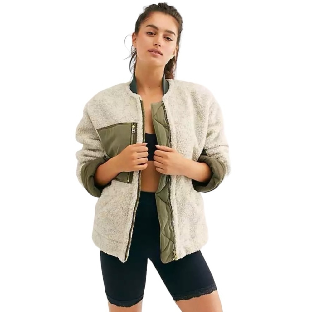 Free People Rivington Sherpa Olive Oversized Relaxed Zipper Jacket Womens Large - Picture 3 of 11